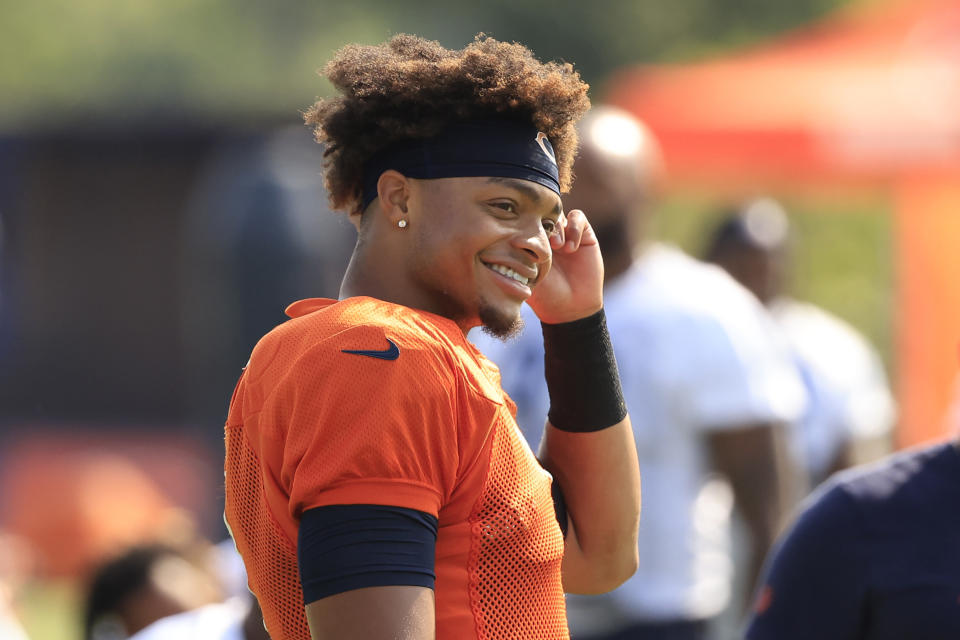 The Chicago Bears will reportedly play quarterback Justin Fields in the team's opening preseason game.  (Photo by Justin Kasterlin/Getty Images)