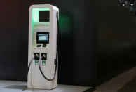 FILE PHOTO: An electric vehicle charging station is seen on display at the 2019 New York International Auto Show in New York City, New York, U.S, April 17, 2019. REUTERS/Brendan McDermid/File Photo