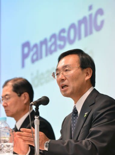 Panasonic's president Kazuhiro Tsuga answers questions during a press conference to announce the company's financial results in Tokyo. Panasonic, like rivals Sony and Sharp, which report earnings later Thursday, has suffered in its television business amid falling prices and stiff competition from overseas rivals, while a strong yen has also hit Japanese manufacturers