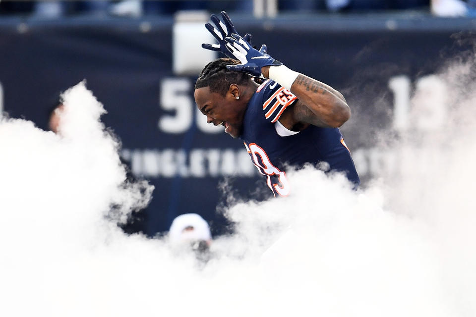 <p>Danny Trevathan #59 of the Chicago Bears is introduced prior to the NFC Wild Card Playoff game against the Philadelphia Eagles at Soldier Field on January 06, 2019 in Chicago, Illinois. (Photo by Stacy Revere/Getty Images) </p>