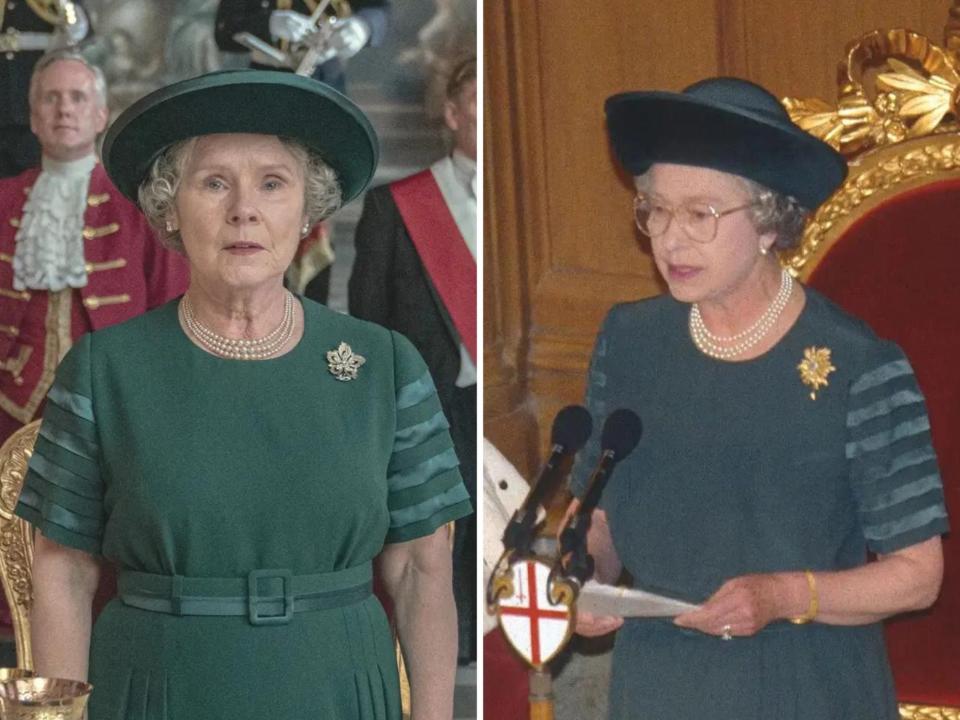 Imelda Staunton as the Queen in Netflix's "The Crown" and Queen Elizabeth II delivering a speech at Guildhall London, England November 1992.