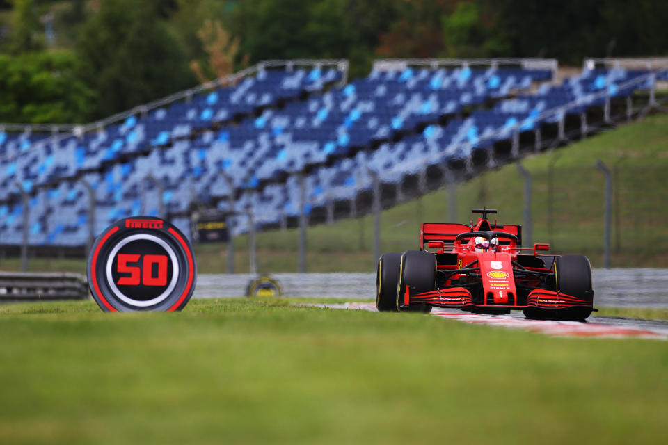 BUDAPEST, HUNGARY - JULY 19: Sebastian Vettel of Germany driving the (5) Scuderia Ferrari SF1000 on track during the Formula One Grand Prix of Hungary at Hungaroring on July 19, 2020 in Budapest, Hungary. (Photo by Mark Thompson/Getty Images)