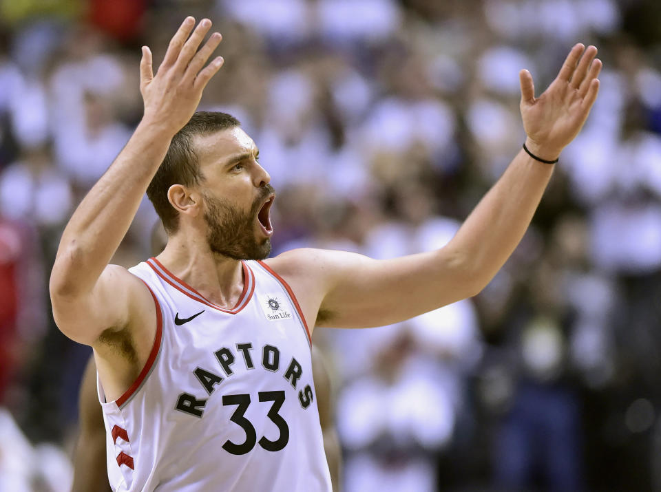 Toronto Raptors center Marc Gasol (33) disputes a call during the second half of an NBA Eastern Conference semifinal basketball game against the Philadelphia 76ers in Toronto on Sunday, May 12, 2019. (Frank Gunn/The Canadian Press via AP)