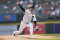 Detroit Tigers pitcher Casey Mize throws against the Miami Marlins in the first inning of a baseball game, Wednesday, May 15, 2024, in Detroit. (AP Photo/Paul Sancya)