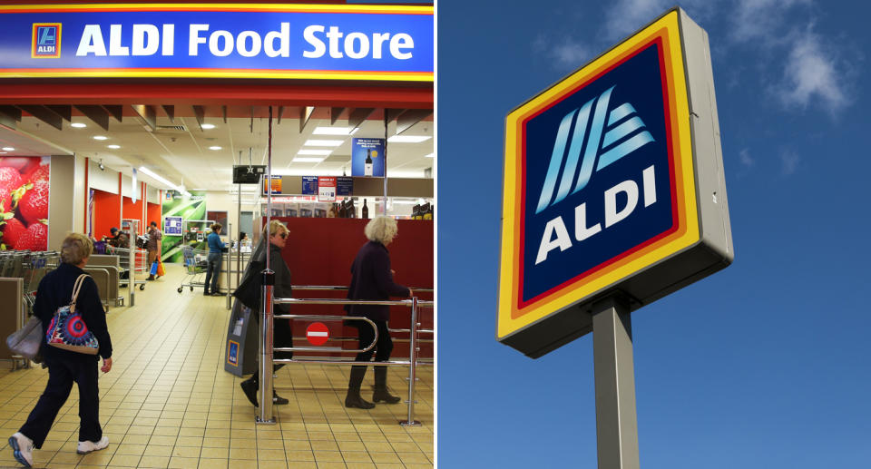 Aldi store with customers walking in (left) and Aldi sign (right). Source: Getty Images