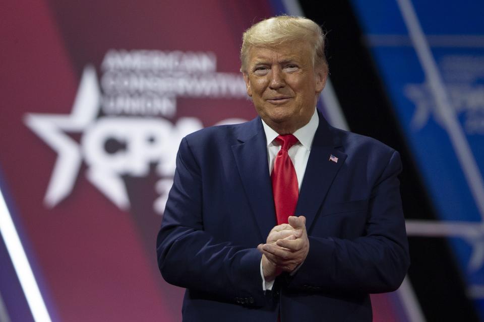 President Donald Trump acknowledges the crowd during the annual Conservative Political Action Conference (CPAC) at Gaylord National Resort & Convention Center Feb. 29, 2020, in National Harbor, Maryland.