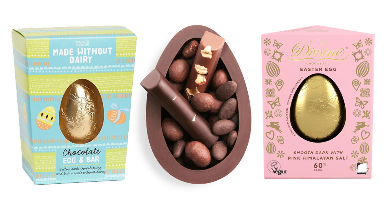 It’s never been easier to buy quality vegan Easter eggs. [Photo: Marks & Spencer/Hotel Chocolat/Divine]