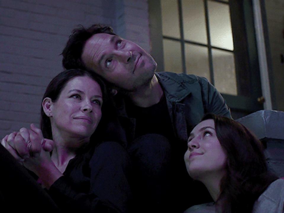 Evangeline Lilly as Hope van Dyne, Paul Rudd as Scott Lang, and Emma Fuhrmann as Cassie Lang.