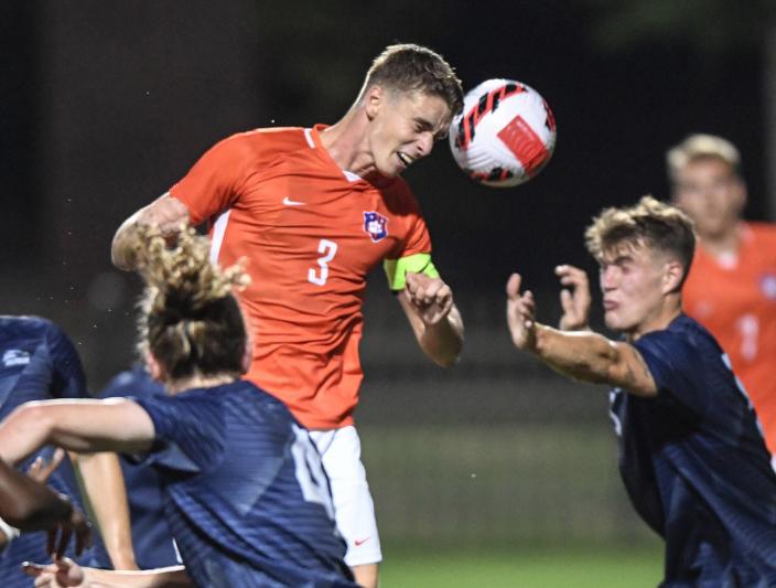 Clemson defender Oskar Agren heads a ball playing Georgia Southern during the second half at Historic Riggs Field at Clemson University on Tuesday, September 14, 2021. Clemson won 5-0.