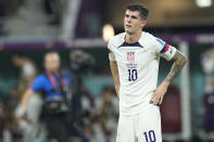 Christian Pulisic of the United States is dejected after the World Cup round of 16 soccer match between the Netherlands and the United States, at the Khalifa International Stadium in Doha, Qatar, Saturday, Dec. 3, 2022. Netherlands won 3-1. (AP Photo/Ebrahim Noroozi)