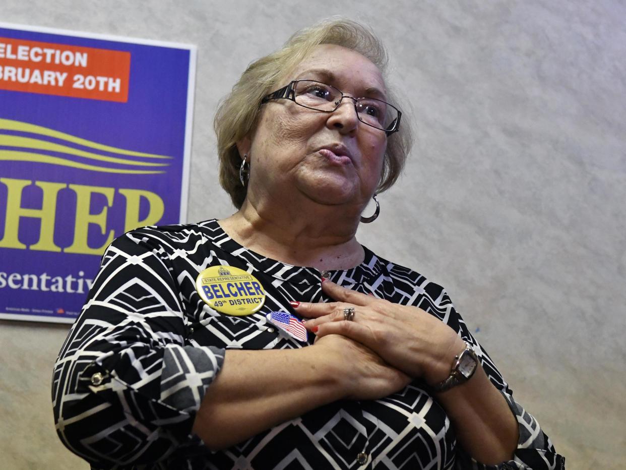 Democratic candidate Linda Belcher thanks supporters following her victory in the special election to fill the vacant seat for the Kentucky House of Representatives 49th District: AP