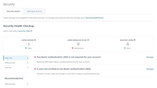 Screenshot of hubspot security details