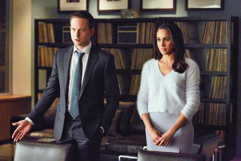 SUITS, (from left): Patrick J. Adams, Meghan Markle, 'Not Just A Pretty Face', (Season 4, ep. 416, aired March 4 2015). photo: Shane Mahood / ©USA Network / Courtesy: Everett Collection