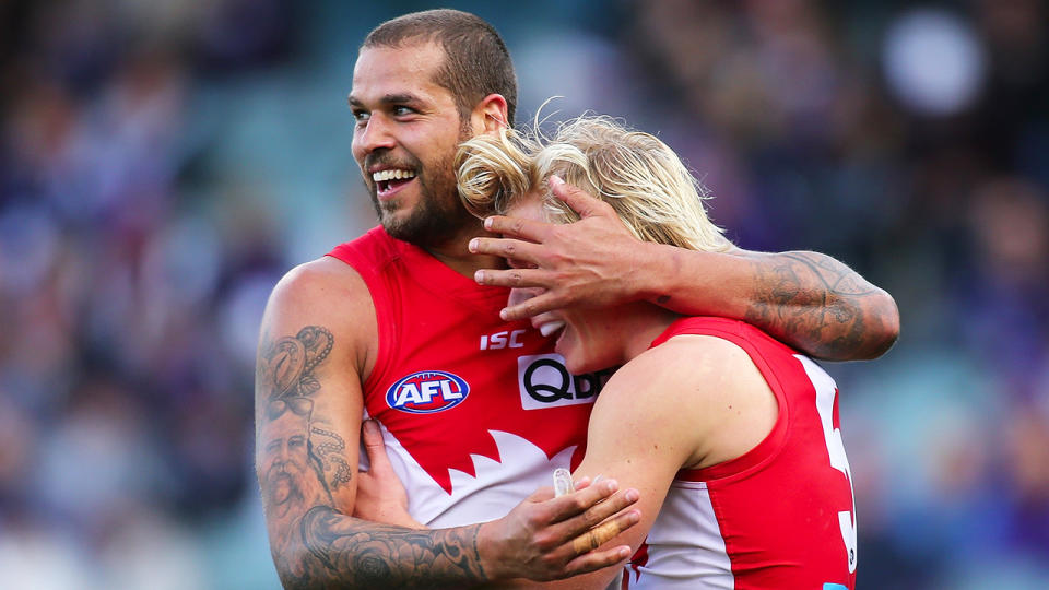 Buddy Franklin and Isaac Heeney. (Getty Images)