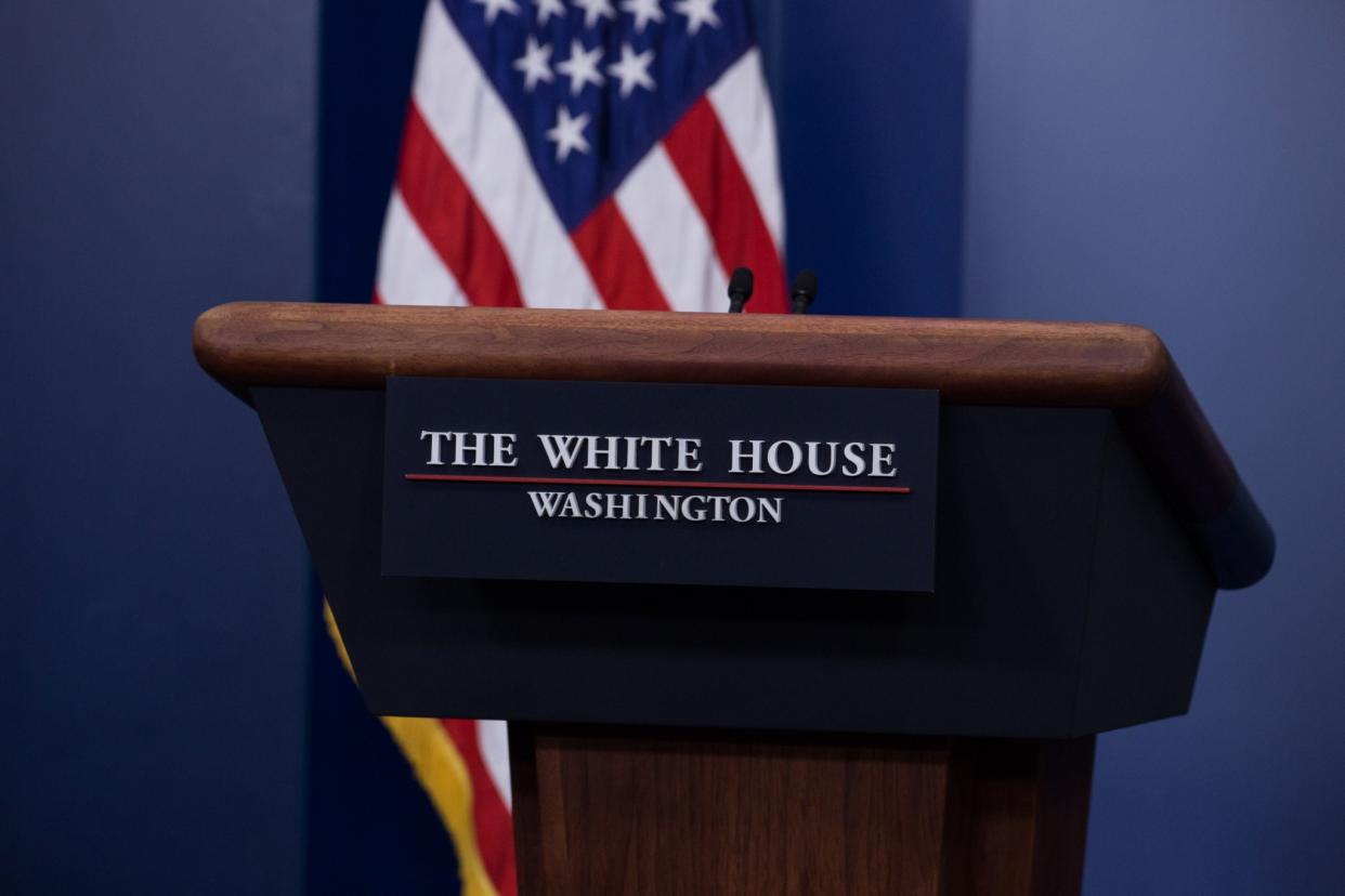 The empty podium in the James S. Brady Press Briefing Room of the White House. (Photo: Cheriss May/NurPhoto via Getty Images)
