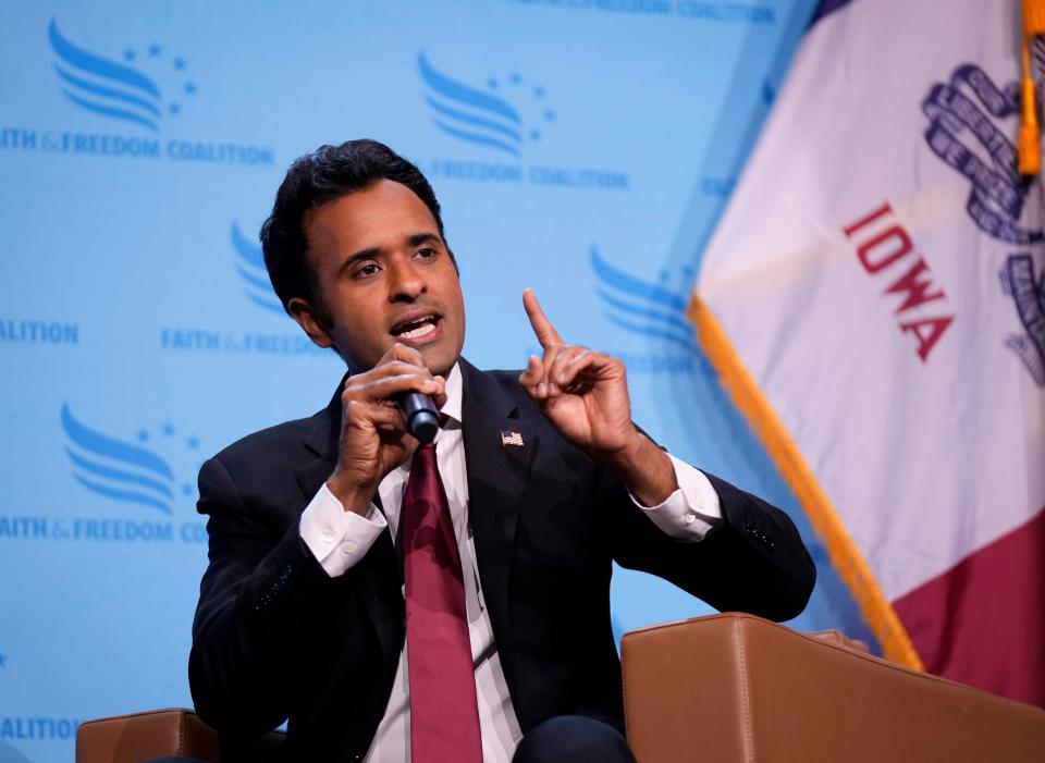 Republican presidential candidate businessman Vivek Ramaswamy speaks at the Iowa Faith & Freedom Coalition's fall banquet, Saturday, Sept. 16, 2023, in Des Moines, Iowa. (AP Photo/Bryon Houlgrave)