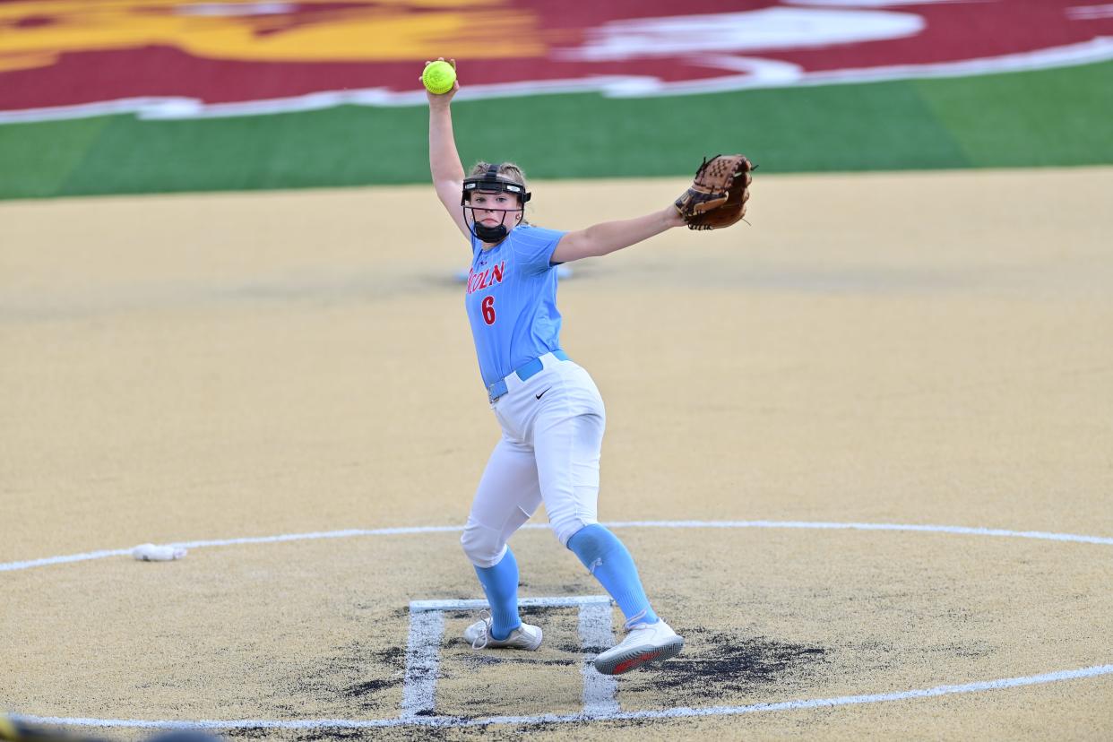 Lincoln junior pitcher Madison Evans throws a pitch in her semifinals game against Jefferson in the SDHSAA softball championships.