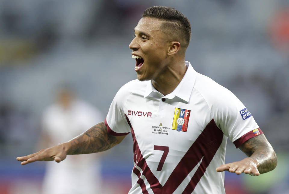 Venezuela's Darwin Machis celebrates after scoring his side's second goal during a Copa America Group A soccer match against Bolivia at Mineirao stadium in Belo Horizonte, Brazil, Saturday, June 22, 2019. (AP Photo/Eraldo Peres)