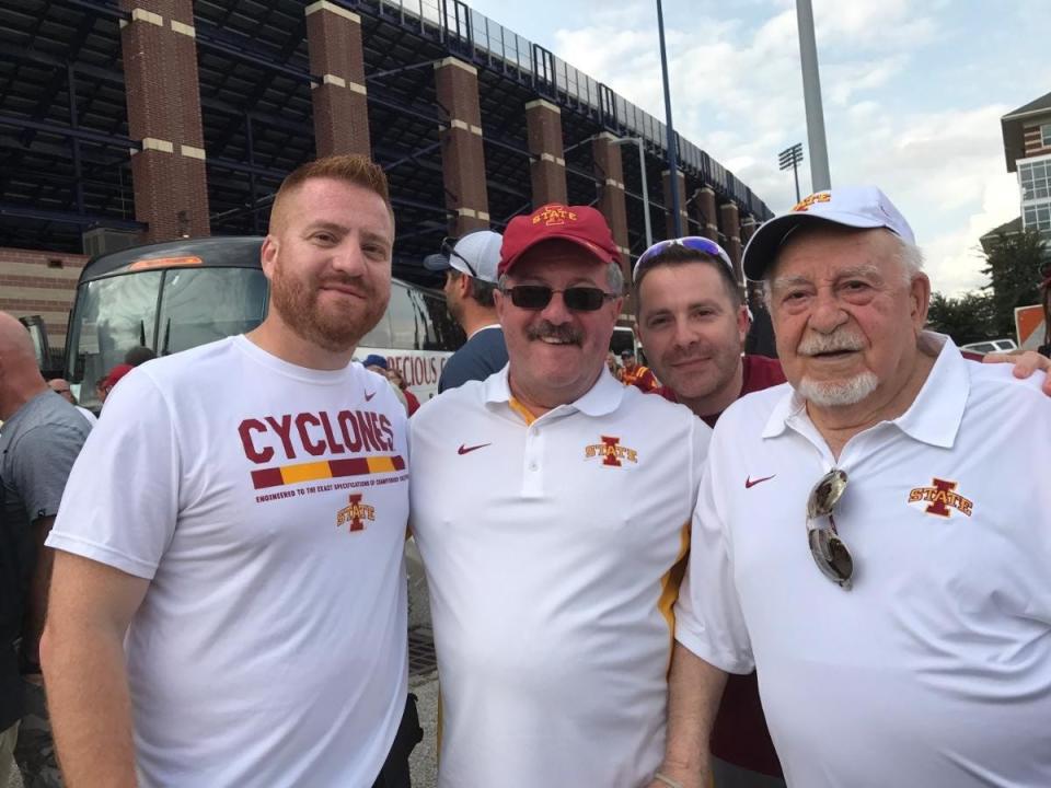 From left to right: Alex Golesh with his dad Vladimir Golesh, brother Eugene Golesh and grandpa Grigory Reznik while Alex Golesh was an Iowa State assistant coach.