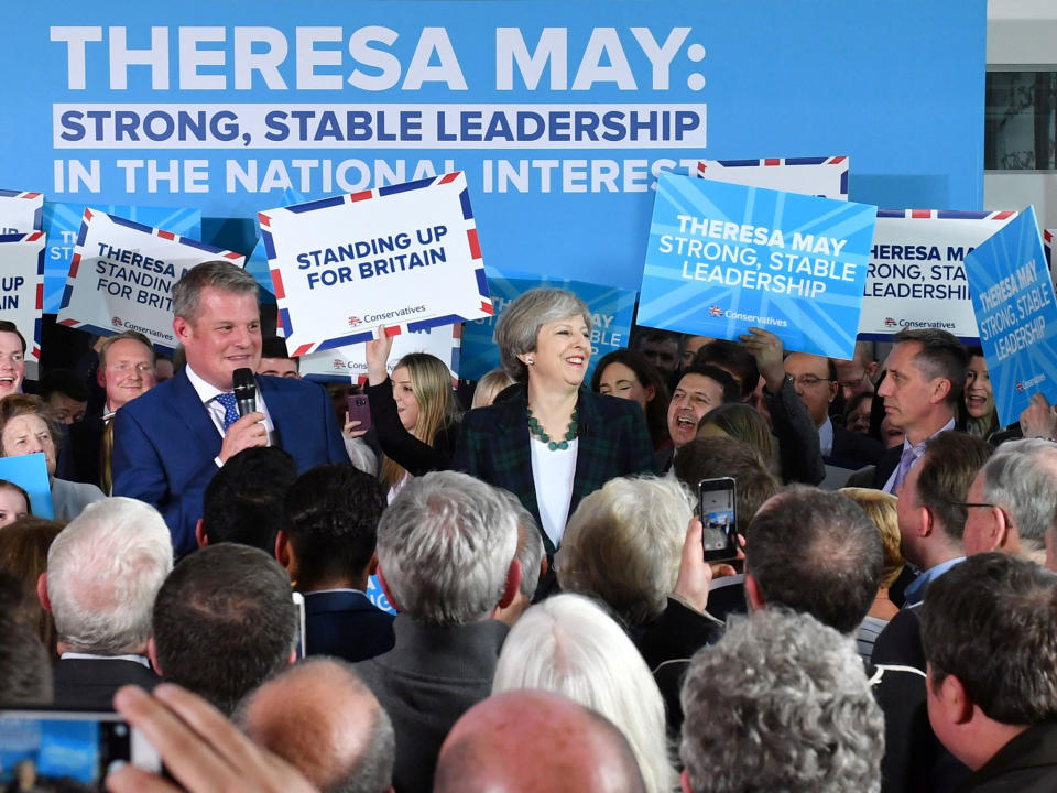 Theresa May speaks to supporters at a campaign event at Shine Centre in Leeds: Reuters