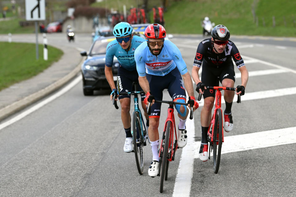 LA CHAUXDEFONDS SWITZERLAND  APRIL 27 LR Gleb Brussenskiy of Kazakhstan and Astana Qazaqstan Team Julien Bernard of France and Team TrekSegafredo  Blue mountain jersey and Tom Bohli of Switzerland and Tudor Pro Cycling Team compete in the breakaway during the 76th Tour De Romandie 2023 Stage 2 a 1627km stage from Morteau to La ChauxdeFonds  UCIWT  on April 27 2023 in La ChauxdeFonds Switzerland Photo by Dario BelingheriGetty Images