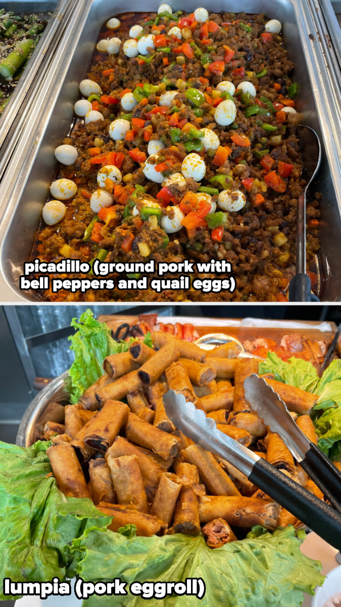 A dish of picadillo made with ground pork, bell peppers, and quail eggs, and a tray of pork eggrolls (lumpia) on lettuce leaves