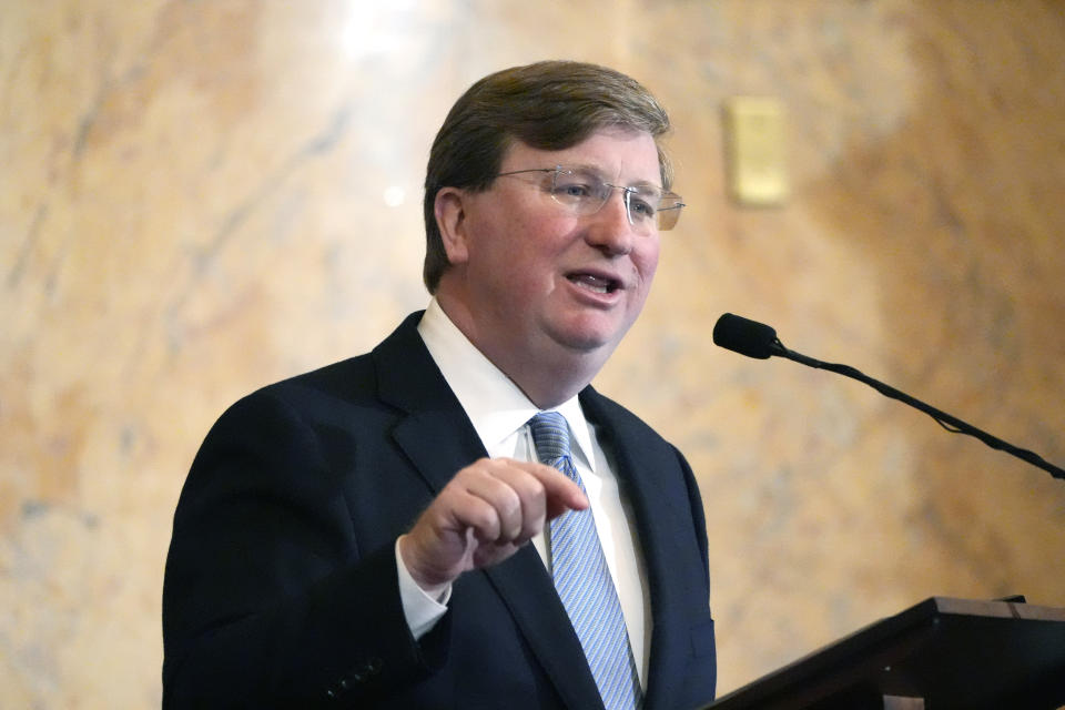 Mississippi Republican Gov. Tate Reeves delivers his State of the State address to the Mississippi State Legislature, Monday, Feb. 26, 2024, at the state Capitol in Jackson, Miss. (AP Photo/Rogelio V. Solis)