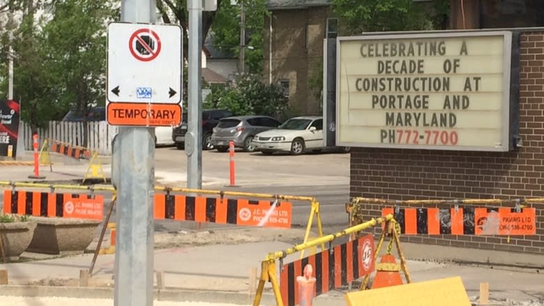 Winnipeg City Centre sign sarcastically celebrates a decade of construction