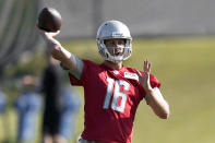 Detroit Lions quarterback Jared Goff throws during an NFL football practice in Allen Park, Mich., Saturday, July 30, 2022. (AP Photo/Paul Sancya)