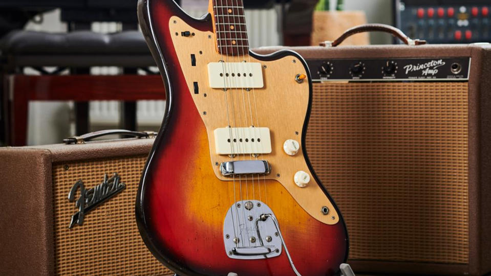 Fender Jazzmaster next to Fender amps