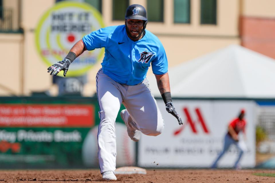 Miami Marlins designated hitter Jesus Aguilar runs the bases in spring training this season.