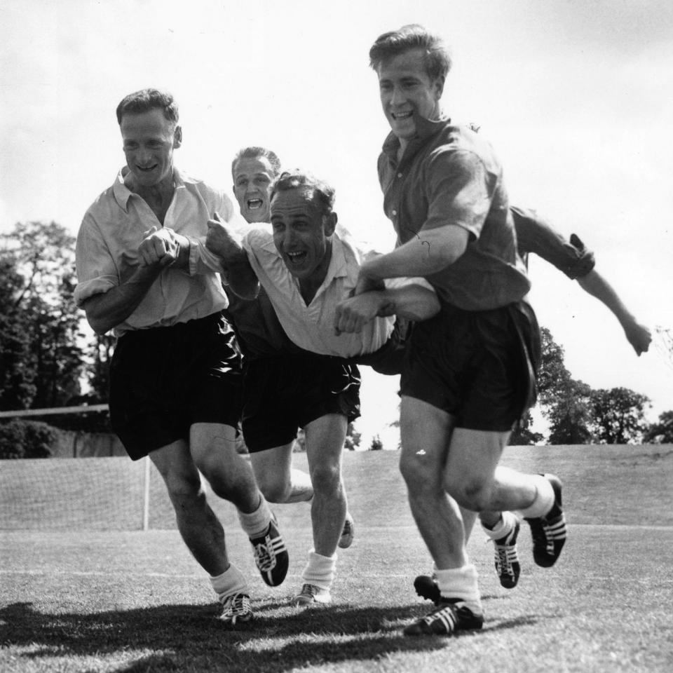 An England training session in 1958, l-r, Tom Finney, Setters, Billy Wright and Bobby Charlton  - Reg Birkett/Keystone/Getty Images