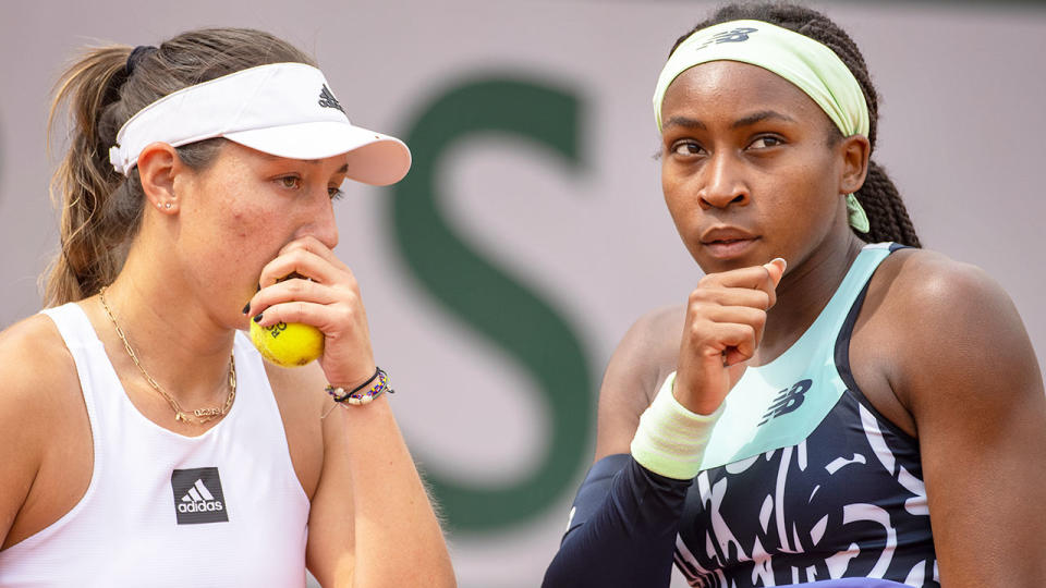 Pictured right, Coco Gauff with doubles partner Jessica Pegula in the French Open final.