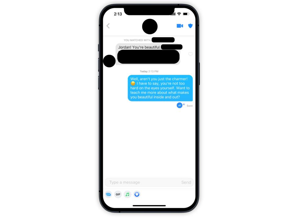 A graphic that shows a conversation on Tinder on someone's iPhone.