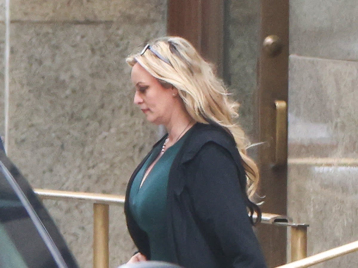 Stormy Daniels leaves Manhattan Criminal Court after testifying at former US President Donald Trump’s trial  (AFP via Getty Images)