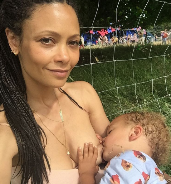 <p>While at Latitude Festival 2016, British actress Thandie shared this photo of her son Booker breastfeeding. <i>[Photo: Instagram/Thandie Newton]</i></p>