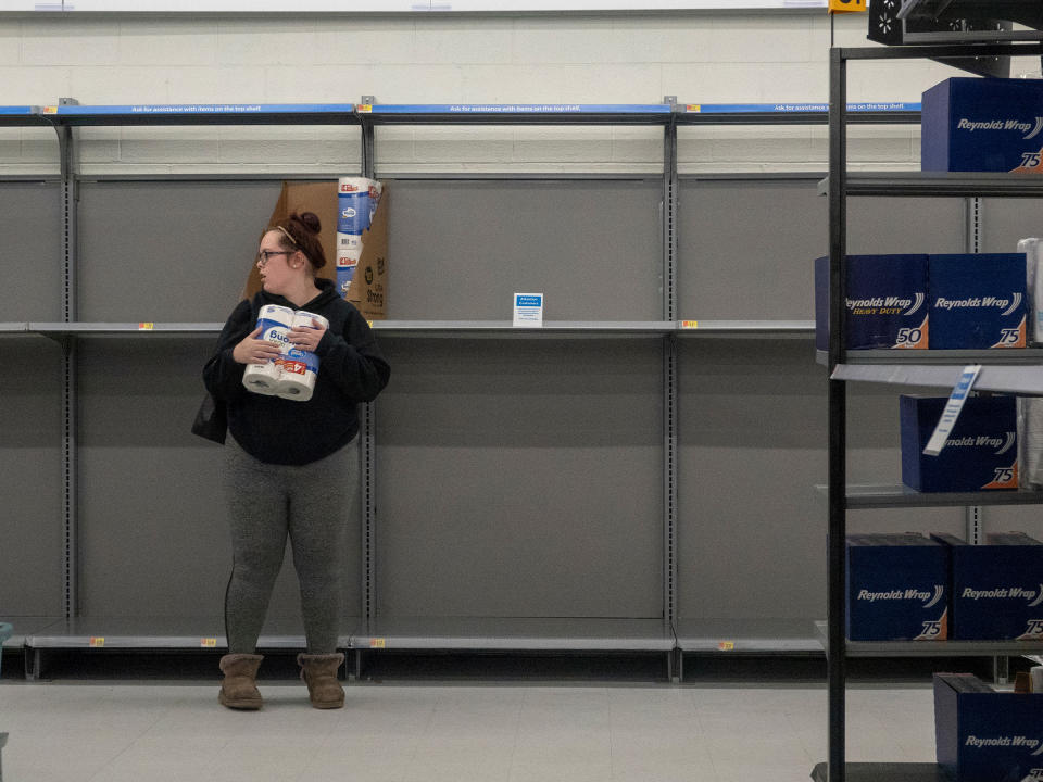 <strong>Easton, Md., March 28, 2020.</strong> A nearly empty toilet paper and paper towel aisle during the coronavirus lockdown.<span class="copyright">Peter van Agtmael—Magnum Photos for TIME</span>