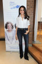 <p>Markle keep things classic in a white button-down and flares for an appearance to promote Dove's Self-Esteem Project in Toronto in 2015. New Perfect Shirt in Cotton Poplin, $70; <span>jcrew.com </span>KUT from the Kloth 'Chrissy' Flare Leg Jeans, $53; <span>nordstrom.com </span>Sam Edelman Hazel Pointy Toe Pump, $120; <span>nordstrom.com</span></p>