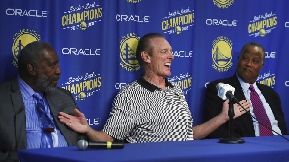 From left, members of the 1975 Warriors NBA Championship Team, Clifford Ray, Rick Barry and Jamaal Wilkes appear at a media conference prior to an NBA basketball game between the Warriors and Washington Wizards, Wednesday, Oct. 24, 2018, in Oakland, Calif. (AP Photo/Ben Margot)