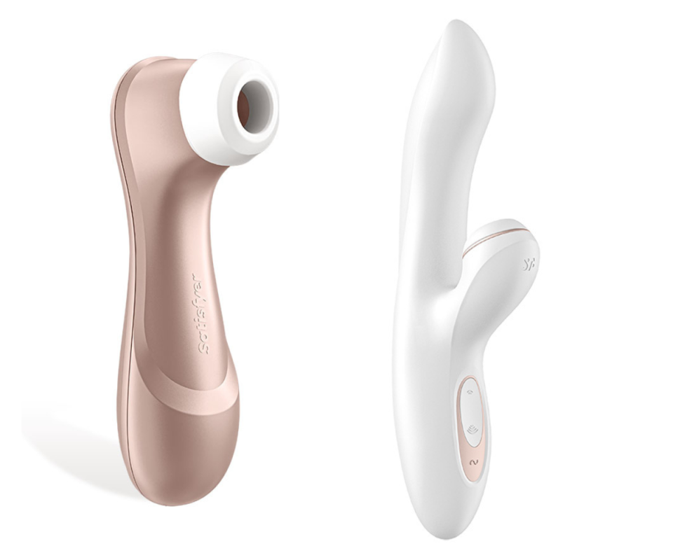 A rose gold clittoral vibrator on the left against a white background with a white rabbit vibrator with rose gold buttons on the right.