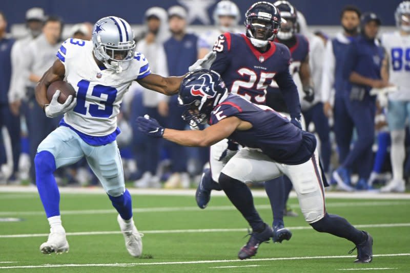 Former Dallas Cowboys wide receiver Michael Gallup (L) is expected to sign with the Las Vegas Raiders. File Photo by Ian Halperin/UPI