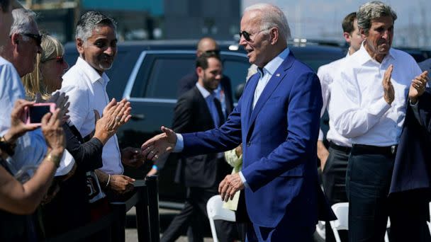 PHOTO: President Joe Biden greets people after speaking about climate change and clean energy at Brayton Power Station, July 20, 2022, in Somerset, Mass. (Evan Vucci/AP)