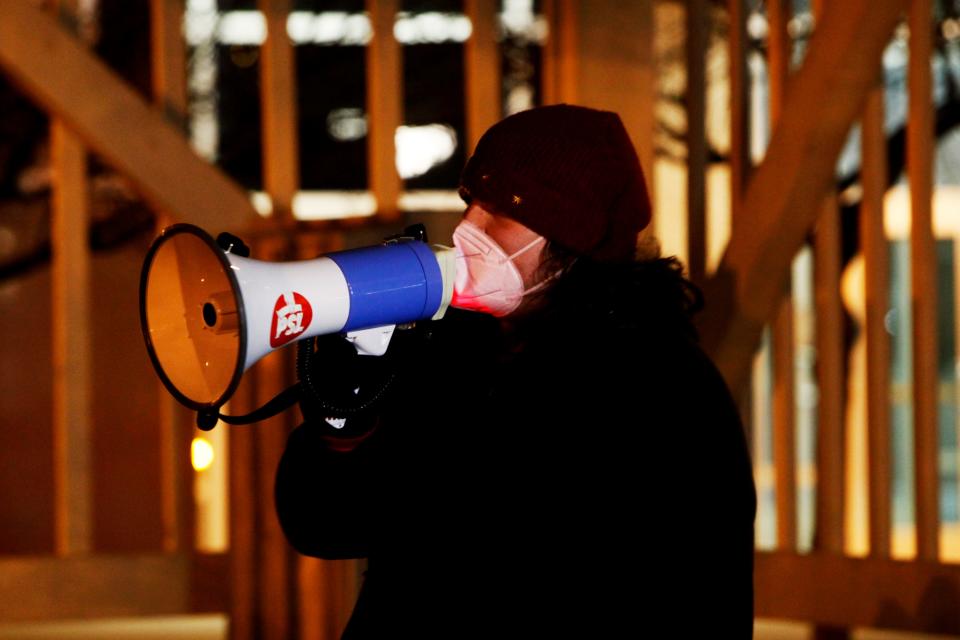 Autumn Reynolds speaks during a protest Sunday at Park Central Square.