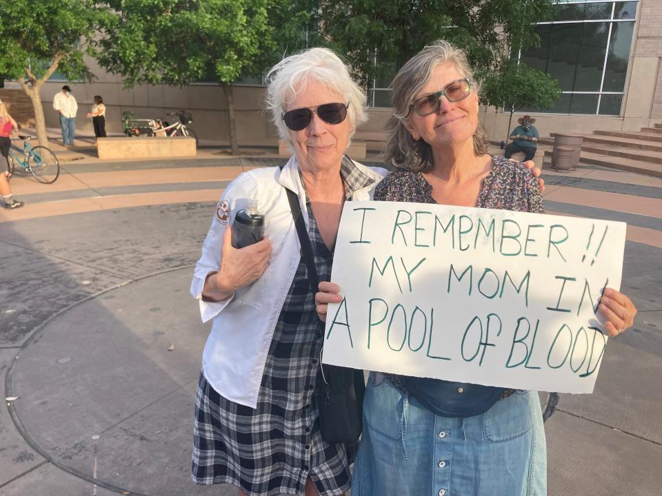 Stephanie Jackert (right) and Peggy Patterson at a rally in support of abortion rights in Tucson