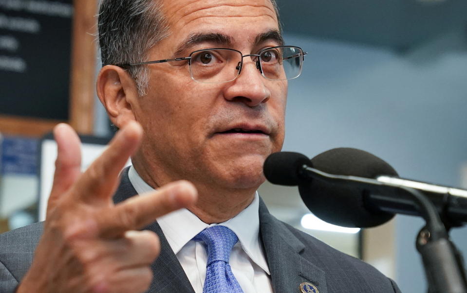 US Health and Human Services Secretary Xavier Becerra speaks during a visit to Grubb's Pharmacy to tout the Medicare Drug Price Negotiation Program under the Inflation Reduction Act, in Washington, U.S., January 12, 2023.  REUTERS/Kevin Lamarque