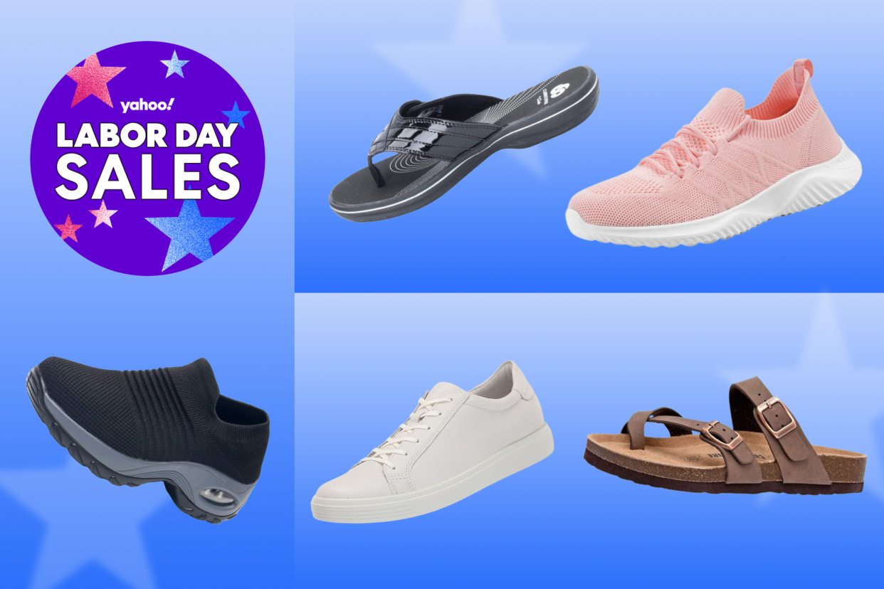 black sneaker, white sneaker, brown cork-sole sandal, black flip-flop, pink sneaker with badge reading Yahoo! Labor Day Sales