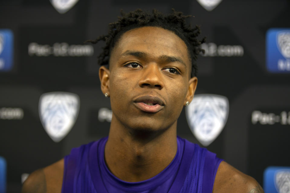 Washington's Nahziah Carter speaks during the Pac-12 NCAA college basketball media day, in San Francisco, Tuesday, Oct. 8, 2019. (AP Photo/D. Ross Cameron)