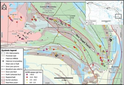 Figure 1: Central Manitoba Mine Location Map With Surface Assays (CNW Group/1911 Gold Corporation)