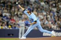 Toronto Blue Jays pitcher Kevin Gausman works against the Los Angeles Dodgers during first-inning baseball game action in Toronto, Sunday, April 28, 2024. (Frank Gunn/The Canadian Press via AP)