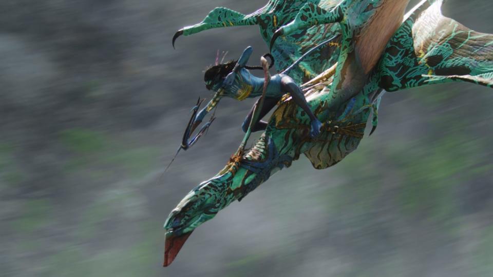 Neytiri (voiced by Zoe Saldana) riding a mountain banshee, Seze, in Twentieth Century Fox’s AVATAR. © 2009 Twentieth Century Fox. All Rights Reserved.